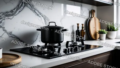 Modern Kitchen Interior With Black Cooking Pot On Gas Stove And Marble Backsplash In Natural Daylight Setting