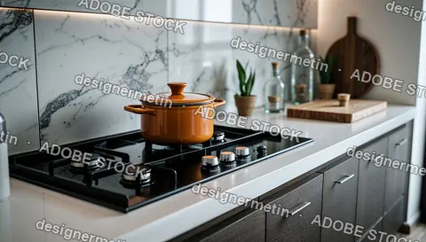 Contemporary Kitchen Interior With Orange Pot On Black Gas Stove And Marble Backsplash With Warm Ambient Lighting