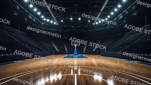 Modern Indoor Basketball Arena With Polished Hardwood Court Illuminated By Bright Overhead Lights And Empty Spectator Seats