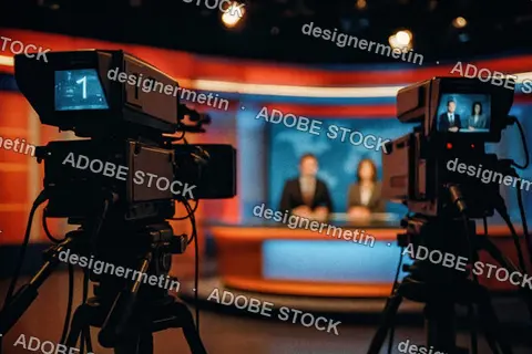 Television News Studio With Cameras Filming Anchors At Desk Represents Live Media Broadcast And Journalism Setup