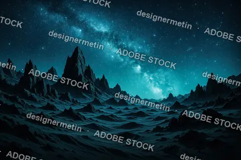 Futuristic Alien Desert Terrain With Surreal Mountains Under A Vibrant Galaxy Night Sky Full Of Stars