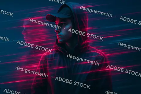 Mysterious Hooded Man In Digital Neon Lights With Motion Blur And Glowing Red Streaks On Dark Futuristic Background
