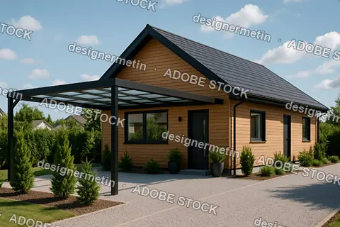 Modern Single Story Wooden House With Dark Framed Windows And Carport Surrounded By Greenery Under Clear Blue Sky