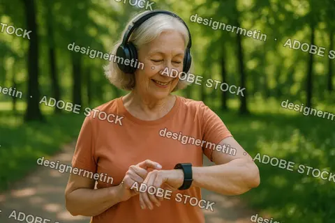 Senior Woman Enjoys Music On Walk In Green Forest Using Smartwatch For Fitness Tracking Outdoors