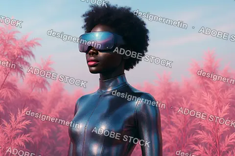 Futuristic Woman In Metallic Bodysuit And Large Reflective Visor Standing In Surreal Pink Alien Landscape With Blue Sky