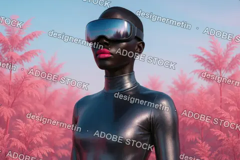 Woman In Metallic Suit And VR Headset Gazing Forward In Colorful Futuristic Environment With Surreal Lighting