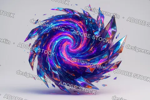 Glowing Neon Fractal Vortex In Cosmic Space With Colorful Swirling Energy And Sharp Crystal Structures