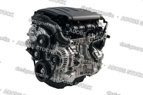 Modern Automotive Internal Combustion Engine With Visible Belts Alternator And Black Intake Components On Transparent Background, Png
