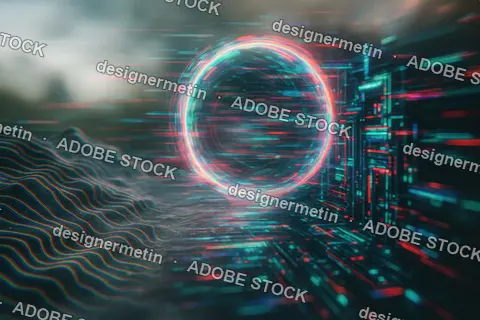 Glowing Neon Circle In Abstract Futuristic Terrain With Digital Data Stream And Sci-Fi Inspired Environment