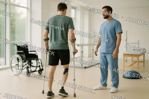 Male Therapist Monitors Patient With Prosthetic Leg Walking With Crutches During Rehabilitation Training In Clinic