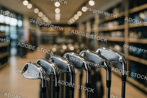 Shiny Golf Clubs Arranged Neatly On Display In Modern Store With Bright Lights And Clean Shelves