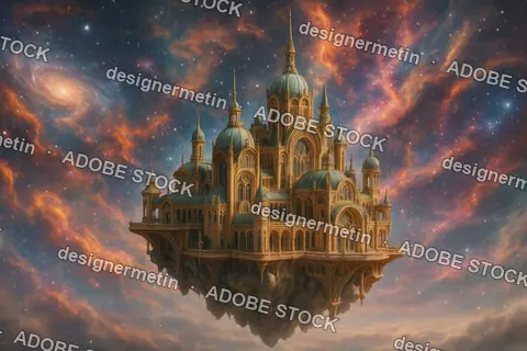 Magnificent Golden Palace City Floating Gracefully In Surreal Nebula-Filled Galaxy Sky