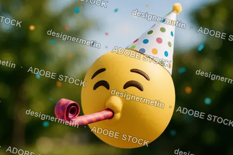 Party Emoji Character With Hat And Confetti Celebrating In Festive Outdoor Summer Environment