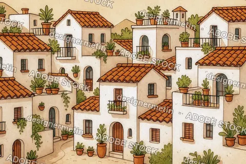 Mediterranean Village Houses With Terracotta Rooftops And Potted Plants In Warm Hand Drawn Architectural Illustration