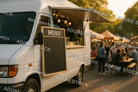 White Food Truck At Outdoor Street Festival With Blank Menu Board In Warm Golden Sunset