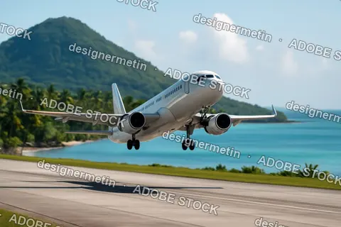 Commercial Passenger Airplane Taking Off From Tropical Island Runway Near Turquoise Ocean And Lush Green Mountain