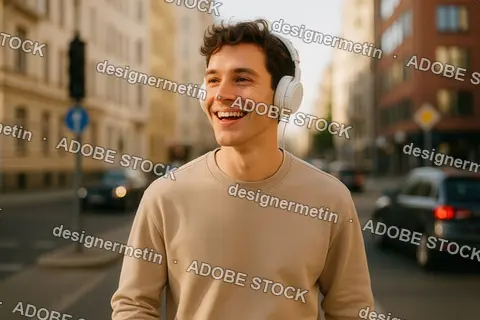 Young Man Smiling While Listening To Music In Urban Street With Headphones During Day