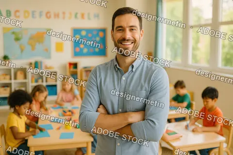 Male kindergarten teacher with young learners