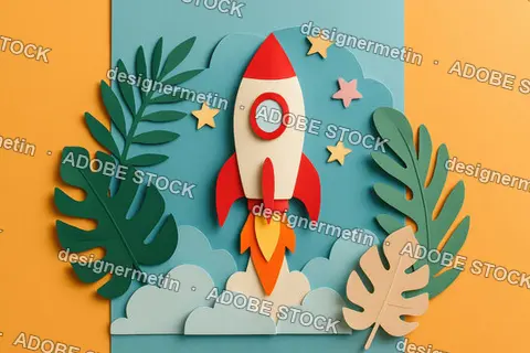 Colorful Paper Cut Rocket Launch Surrounded By Stars And Leaves On Vibrant Background