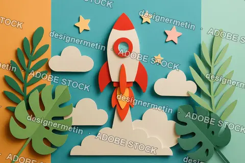 Flat Paper Rocket With Stars And Clouds In Creative Kid Style Launch Scene