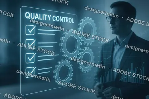 Engineers Analyzing Standard Quality Control Report With Futuristic Gears Interface In Industrial Background