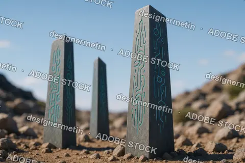 Three Futuristic Alien Monoliths Standing In Arid Rocky Desert Landscape Under Clear Blue Sky