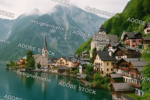 Charming Alpine Lakeside Village With Church Spire Nestled Below Misty Green Mountains And Traditional Wooden Houses