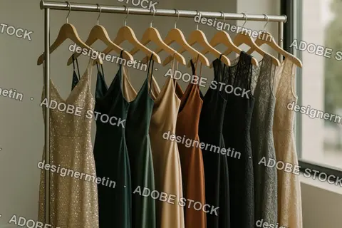 Elegant Satin And Lace Evening Gowns In Assorted Earth Tones Hanging On Wooden Hangers On Minimalist Clothing Rack