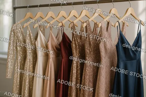 Elegant Satin Sequin And Lace Evening Dresses Hanging On Wooden Hangers Arranged Neatly In Sunlit Fashion Studio Interior