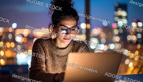 Focused Young Woman Working On Laptop At Night By City Window With Glasses Reflecting Screen And Colorful Bokeh Lights