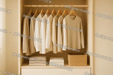 Minimalist Wardrobe Interior With Neatly Hung Neutral Clothes And Folded Sweaters In Soft Lighting