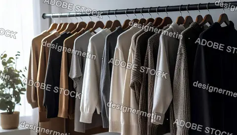 Neutral Toned Sweaters And Knitwear Hanging On Clothing Rack In Cozy Minimalist Room With Soft Natural Window Light