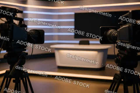 Modern Television News Studio With Professional Video Cameras Focused On Empty Anchor Desk Under Bright Studio Lighting