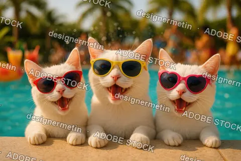 Three White Cats Wearing Colorful Sunglasses Laughing Together At Poolside Summer Party Scene