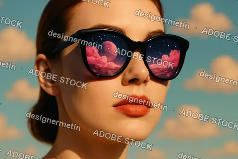 Imaginative Fantasy Sky With Planet Reflected In Woman’S Sunglasses Against Cloudy Dreamlike Background	