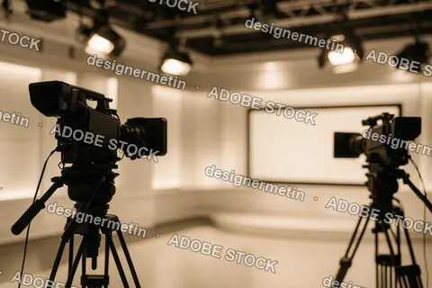 Bright Television Studio Interior With Two Professional Video Cameras On Tripods Under Studio Lights Before Recording
