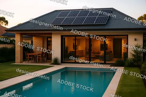 Contemporary One Story Australian House With Pool And Solar Panels In Peaceful Suburban Garden Setting