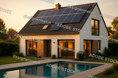Modern Sustainable House With Solar Panels And Swimming Pool At Sunset In Bremen Germany