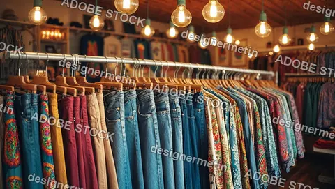 Vintage Clothing Store Interior With Colorful Pants And Shirts Arranged Neatly On Wooden Hangers