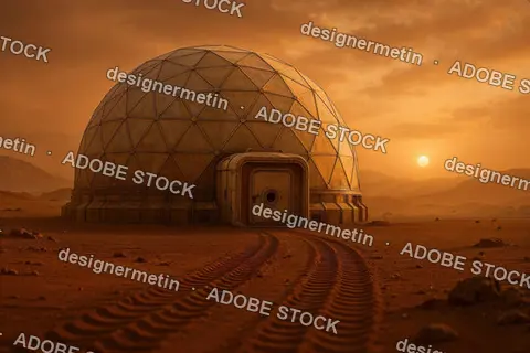 Futuristic Mars Colony Dome In Remote Martian Desert With Tracks Leading Into Sunset Horizon