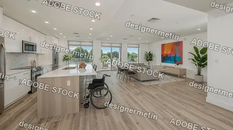 Modern Open Concept Apartment Interior With Accessible Kitchen And Wheelchair By Island In Bright Stylish Living Space