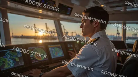 Ship Captain Operating Navigation Systems On Bridge During Sunset In Maritime Control Room