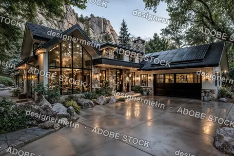 American House At Dusk With Large Windows Solar Panels Modern Design Stone And Glass Exterior Facade
