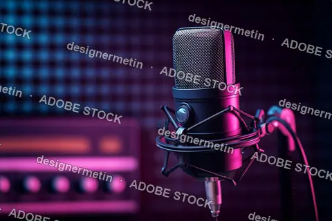 Black Microphone With Shock Mount And Blurred Sound Mixer In Neon Lighting Inside A Professional Studio