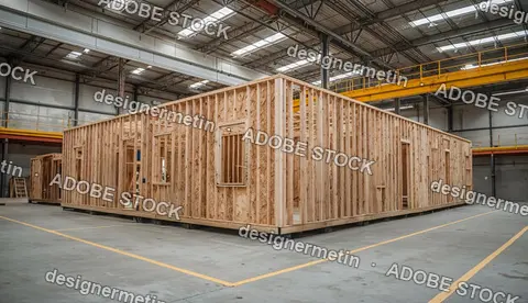 Wooden Modular House Frame Under Construction Inside Spacious Factory Warehouse For Prefabricated Building Assembly Process