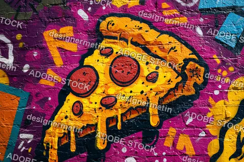 Graffiti Street Art Of Cheesy Pepperoni Pizza Slice On Colorful Urban Brick Wall With Bold And Vibrant Design