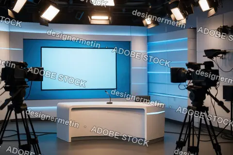 Contemporary TV Studio With News Desk, Video Cameras, Microphones And Lighting In A Modern Broadcasting Environment