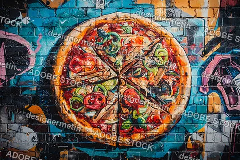 Colorful Whole Pizza Graffiti Art With Vibrant Toppings On Textured Urban Brick Mural Background