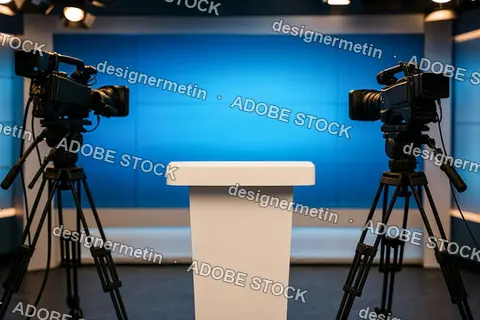 Professional Television Studio Setup With Modern Cameras And Podium Centered On Blue Backdrop For Broadcast