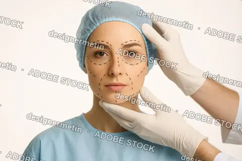 Young Woman Prepared For Cosmetic Surgery With Marked Face Lines And Doctor’S Hands In Clinic